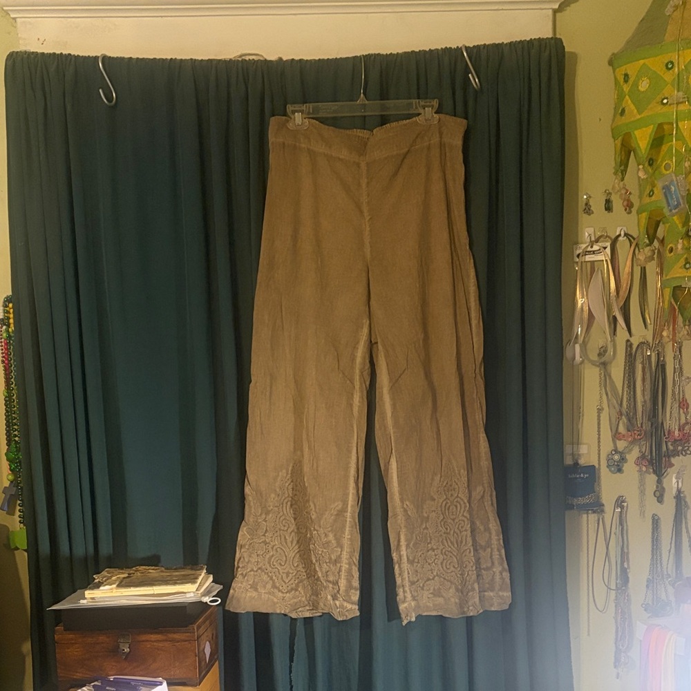 Soft Surroundings Tan Wide-Leg Pants with Embroidery
